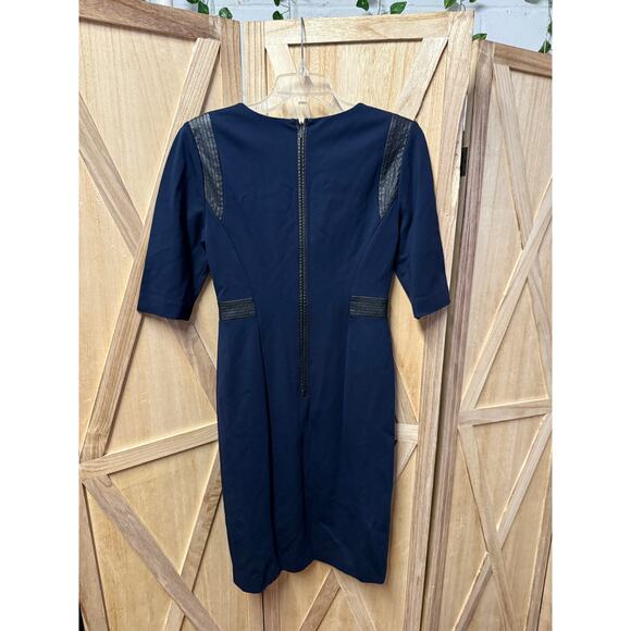 REBECCA TAYLOR navy blue black faux leather panel sheath midi dress - Picture 5 of 9